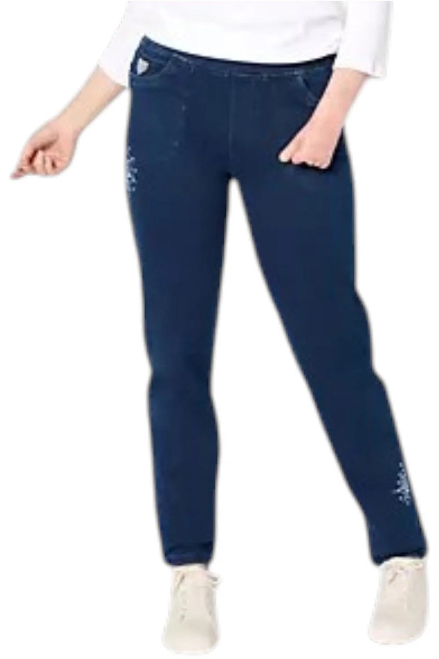 Quacker Factory DreamJeannes Web Embroidered Straight Pants Drk Indigo - Short